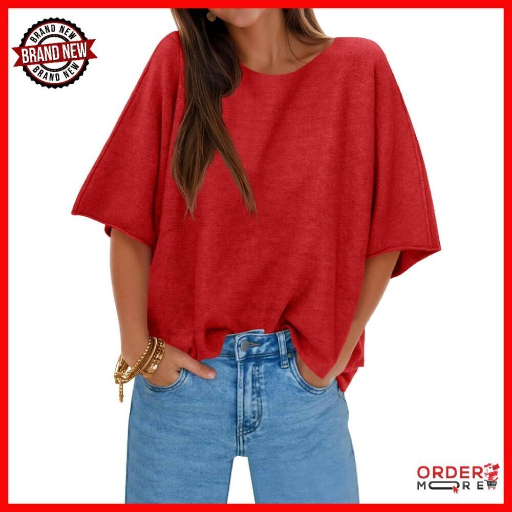 Oversized Knit Pullover Half Sleeve Boat Neck Sweater Loose Fit